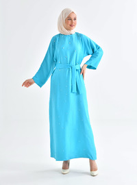 Pearl Embellished Turquoise Modest Dress