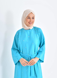 Pearl Embellished Turquoise Modest Dress