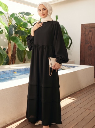Black - Shawl Collar - Modest Dress - Neways