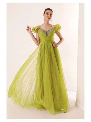 Fully Lined - Pistachio Green - V neck Collar - Evening Dresses - By Saygı