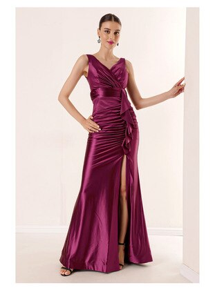 Fully Lined - Cherry Color - Double-Breasted - Evening Dresses - By Saygı