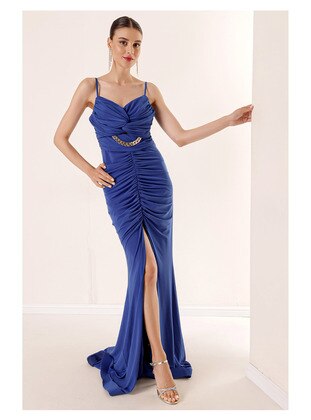 Saxe Blue - V neck Collar - Evening Dresses - By Saygı