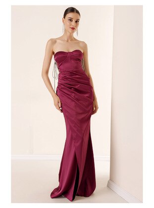 Fully Lined - Maroon - Evening Dresses - By Saygı