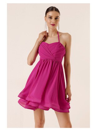 Fully Lined - Fuchsia - Evening Dresses - By Saygı