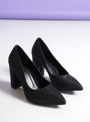 Black Glitter - High Heel - Faux Leather - Evening Shoes - Ayakkabı Havuzu