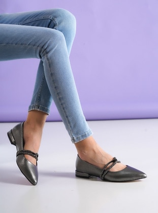Silver color - Flat - Faux Leather - Flat Shoes - Ayakkabı Havuzu