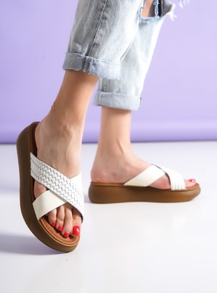 White - Sandal - Faux Leather - Slippers - Ayakkabı Havuzu