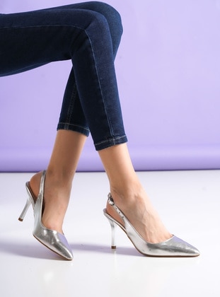 اللون الفضي - حذاء كعب عالي - جلد اصطناعي - احذيه كعب عالى - Ayakkabı Havuzu