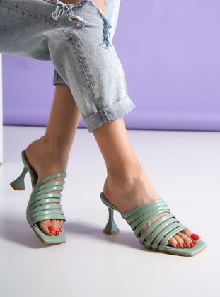 Mint Green - Sandal - Faux Leather - Slippers - Ayakkabı Havuzu