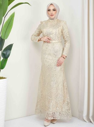 Beige - Fully Lined - Crew neck - Modest Evening Dress - Olcay