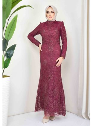 Burgundy - Fully Lined - Crew neck - Modest Evening Dress - Olcay
