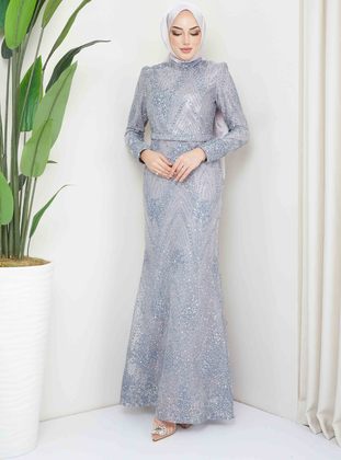 Grey - Fully Lined - Crew neck - Modest Evening Dress - Olcay