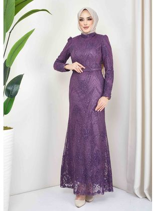 Purple - Fully Lined - Crew neck - Modest Evening Dress - Olcay