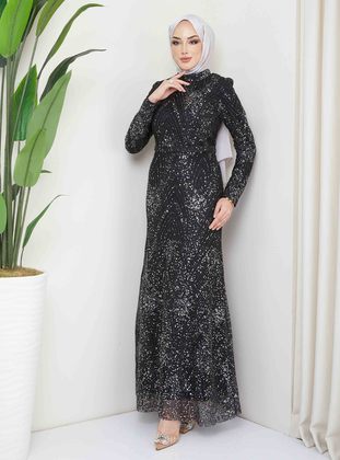 Black - Fully Lined - Crew neck - Modest Evening Dress - Olcay