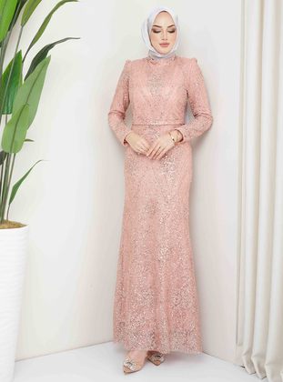 Salmon - Fully Lined - Crew neck - Modest Evening Dress - Olcay