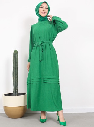 Green - Crew neck - Unlined - Modest Dress - Nergis Neva
