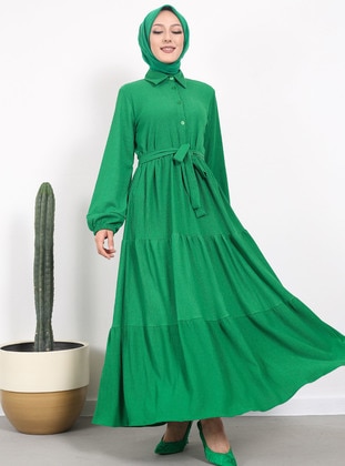Green - Cuban Collar - Modest Dress - Nergis Neva