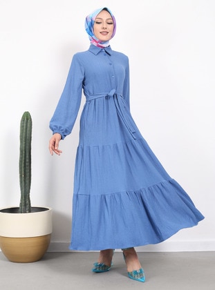 Blue - Cuban Collar - Modest Dress - Nergis Neva