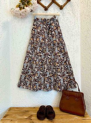 Brown - Floral - Unlined - Skirt - Ceylan Otantik