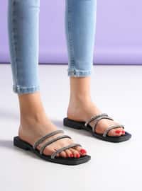 Black - Sandal - Faux Leather - Slippers