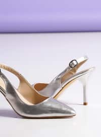 اللون الفضي - حذاء كعب عالي - جلد اصطناعي - احذيه كعب عالى