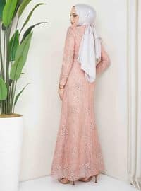 Salmon - Fully Lined - Crew neck - Modest Evening Dress