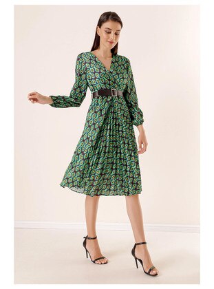 Green - Multi - Double-Breasted - Fully Lined - Modest Dress - By Saygı