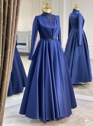 Navy Blue - Unlined - Crew neck - Modest Evening Dress - SomFashion