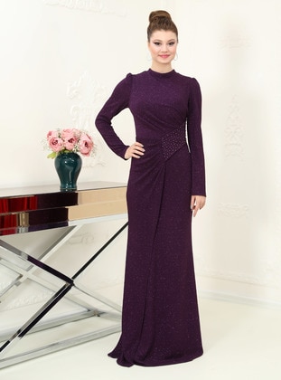 Purple - Fully Lined - Crew neck - Modest Evening Dress - Azra Design