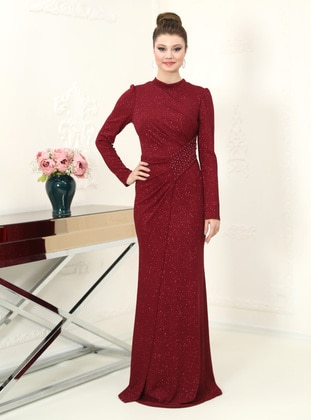 Burgundy - Fully Lined - Crew neck - Modest Evening Dress - Azra Design