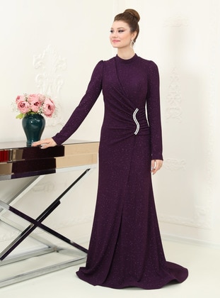 Purple - Fully Lined - Crew neck - Modest Evening Dress - Azra Design