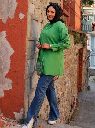 Green - Floral - Crew neck - Tunic - Buslem.co