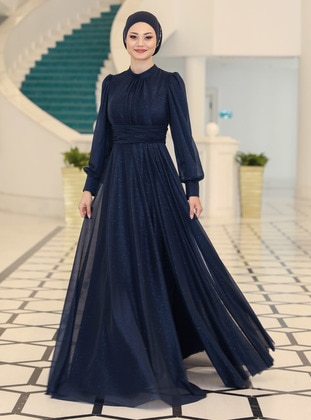 Navy Blue - Fully Lined - Crew neck - Modest Evening Dress - Azra Design