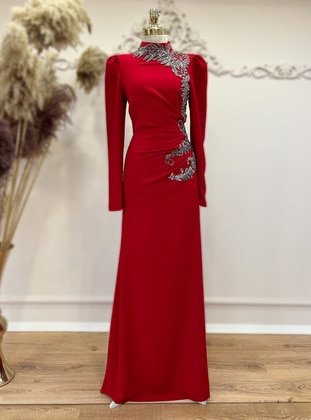 Red - Fully Lined - Crew neck - Modest Evening Dress - Ebru Çelikkaya