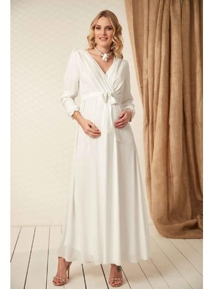 O7053 Double-Breasted Chiffon Belt Baby Shower Maxi Maternity Dress White
