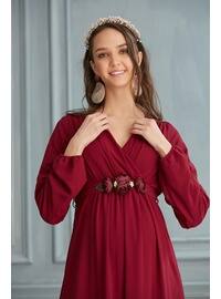 6002 Maternity Peony Belt Long Sleeve Chiffon Dress Fuchsia