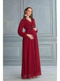 6002 Maternity Peony Belt Long Sleeve Chiffon Dress Fuchsia