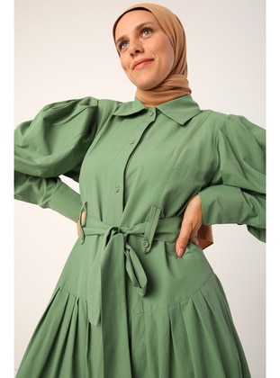 Green - Cuban Collar - Modest Dress - ALLDAY