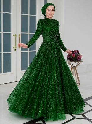 Emerald - Silvery - Fully Lined - Modest Evening Dress - Aslan Polat