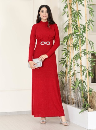 Red - Fully Lined - Crew neck - Modest Evening Dress - Semra Aydın