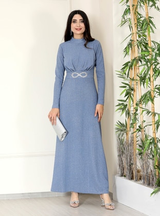 Blue - Fully Lined - Crew neck - Modest Evening Dress - Semra Aydın
