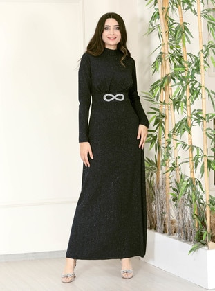 Black - Fully Lined - Crew neck - Modest Evening Dress - Semra Aydın