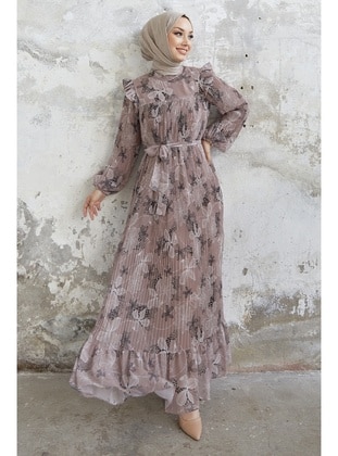 Light Beige - Floral - Fully Lined - Modest Dress - InStyle