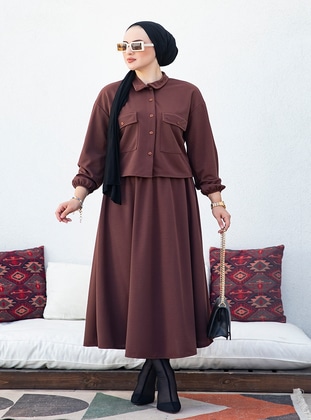 Delfin Button Down Jacket Skirt Suit With Flap Pockets Coffee Color