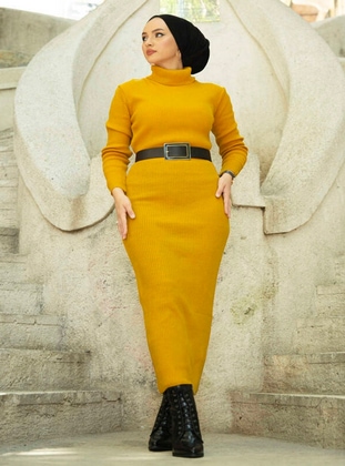 Mira Turtleneck Body Hijab Knitwear Dress Mustard