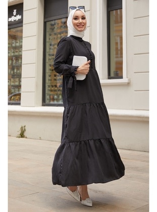 Black - Button Collar - Modest Dress - InStyle