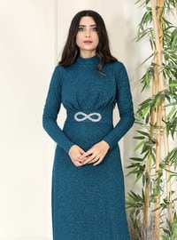 Petrol - Fully Lined - Crew neck - Modest Evening Dress