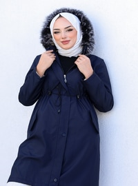 Belt Detailed Double Pocket Hooded Hijab Coat Navy Blue