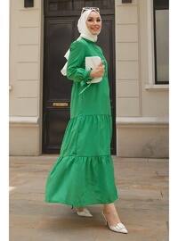 Green - Button Collar - Modest Dress