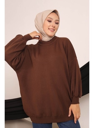 Coffee Color Women's Modest Turtleneck Balloon Sleeve Hijab Sweater Tunic